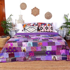 Lila King Patchwork Kantha Boho Tagesdecke Handarbeit Quilt Überwurf Decke Hi...