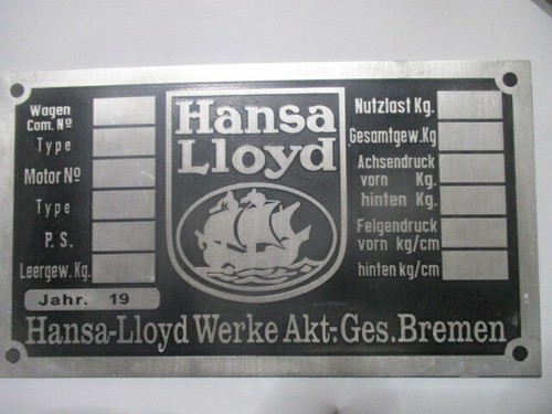 Typenschild schild hansa lloyd - typenschild,