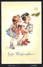 Künstler-AK Hilla Peyk: Mädchen mit Puppe und Stockpferd beobachten eine leucht 