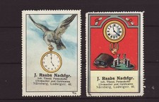 2 Reklamemarken für Uhrmacher Juwelier Raab Nürnberg - Uhr clock Technik