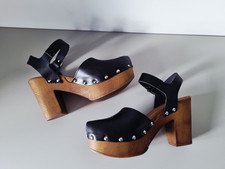 Tamaris Sandalen Leder Plateausohle Clogs schwarz 37 Blockabsatz bequem wie neu