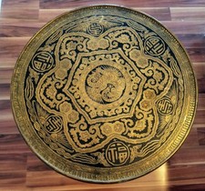 Zigarren- Rauchertisch Messingplatte rund antik geschwungene Holzbeine