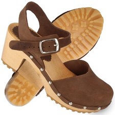 Damen Leder Clogs mit Absatz Holzschuh Braun Sandalen Gr. 35-41 cloque Battonya
