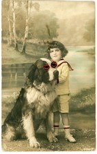 Stoff Ak Kind, Bernhardiner mit Plastikaugen, Tierportrait - 4106061