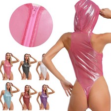 DE Damen Metallic Body mit Kapuze Durchsichtiger Glanz Bodysuit High Cut Catsuit