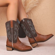 Damen Cowgirl Bestickt Reitstiefel Blockabsatz Spitze Retro-Westernschuhe