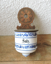 altes großes Salzfass Blaumalerei Porzellan Holzmontur um 1890