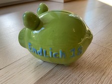Sparschwein Keramik "Endlich 18" mit Öffnung und Gummistöpsel | grün, blau