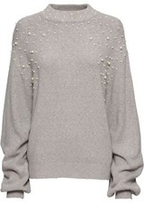 Strickpullover mit Perlen Gr. 32/34 Grau Damen Langarm Strick-Pulli Neu*