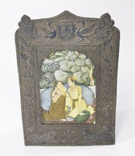 indische MINIATURMALEREI antiker Bilderrahmen aus Silber? Vogel Pfau Liebespaar