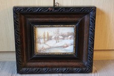 VINTAGE,MASSIVER SCHWERER HOLZ BILDERRAHMEN,JUGENDSTIL & DRUCK WINTER-LANDSCHAFT