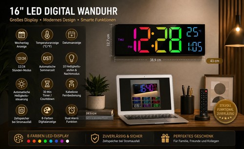 Led digital wanduhr - 16",