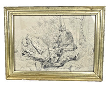 Zeichnung Skizze Studie Bach Wald Bäume Wasser Steine 19. Jh.