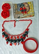 Rockabilly Set Kette Armreif Ohrringe Haarschmuck rot schwarz