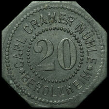 NOTGELD: 20 Pfennig. CARL CRAMER MÜHLE - BEROLZHEIM.