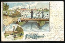 AK Gruss aus der Garnison, Soldaten beim Brückenbau, Landkarte und Fernrohr 190 