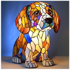 Tiffany-Tischlamp-Lampe Hund Tiermotiv im klassischen Art-Nouveau-Stil