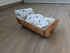Puppenwiege Wiege DDR Holz handbemalt m. Bettzeug 25x16 cm Puppenbett Sammler