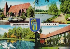 BRD-Ansichtskarte mit 4 Motive + Wappen von Ebstorf mit Kloster und Mühlenteich