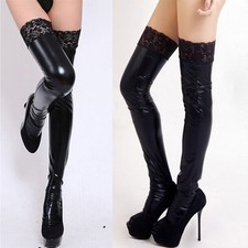 Damen Sexy Strumpfhose Spitze PU Leder Overknee Strumpfhosen Socken Bodydoll Neu