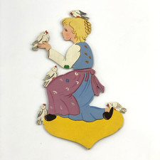 Vintage Holzbild Mädchen mit Vögeln | Mertens-Kunst Stil | Wanddeko Märchen 26cm