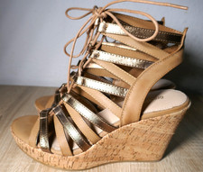 ❤️GRANCELAND BEIGE GOLD FAKE-LEDER KORK-WEDGES PUMPS GRÖßE 38 GESCHNÜRT FERSE OF