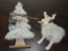 Tannenbaum u. Elch aus Holz mit Fell im Set Weihnachten Weichnachtsdeco beige 