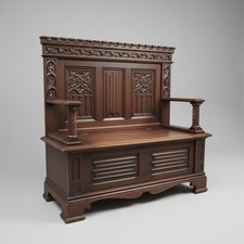 Neugotische Truhenbank aus Eiche, reich geschnitzt, Historismus um 1880–1910