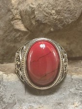Herren Ring Gr 62 in Silber Retro Marmor Design Groß auffälliger roter Stein