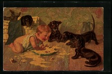 Künstler-AK August Roeseler: Vier Dackel und Kleinkind mit Fressnapf 