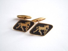 Vintage Manschettenknöpfe Goldton Schwarz Pferde Motiv 5,9 g / 2,3 x 1,3 cm
