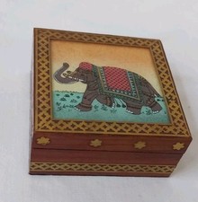 Glücks-Elefant Schmuckkästchen Vintage Handmade Holz/Messing Verzierungen 