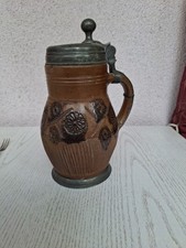 Muskauer Steinzeug Krug Salzglasur 18 Jh. Zinndeckel und Standring