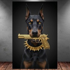 LEINWAND BILD ER XXL ABSTRAKT DOBERMANN HUND WAFFE SCHWARZ GOLD WAND POSTER