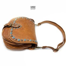 Handgefertigte Damen Handtasche Echt Leder Nieten Klappe MADE IN ITALY Türkis