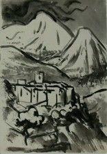  Gerda Henning Tusche Aquarell Stadt vor Gebirge Landschaft Nachlass