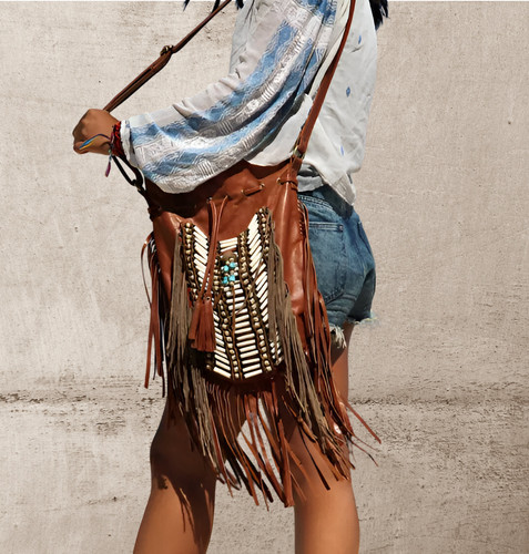 Leder fransen boho handtasche - leder,