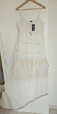 Kleid Maxikleid Boho Gold Creme Weiss V Ausschnitt Sommerkleid lang Streifen 40