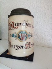 Münchener Bierkrug 0,4 Liter Bürger-Bräu Deckel mit Reliefdekor Steinzeug Präg.