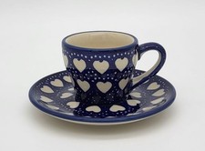 B-Ware Bunzlauer Keramik Espressotasse mit Untertasse blau/weiß Herzen (F037-SEM