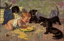 Künstler Ak Roeseler, A., Triumph, Kleinkind und Dackel am Fressnapf - 10611951