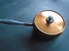 FONDUE TOPF MIT DECKEL AUS METALL KUPFER / MESSING HOLZGRIFF VINTAGE 60er-JAHRE