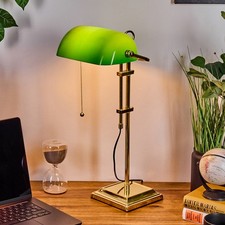 Bankerlampe & Schreibtischlampe: Zugschnur, E27, Metall/Glas, Messing/Grün/Weiß