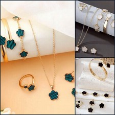 5-teiliges Luxus Damen Schmuckset gold Kleeblatt Halskette+Ohrringe+Armband+Ring