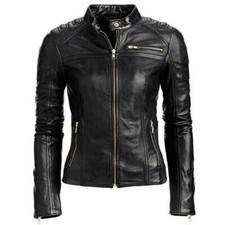 Damen Leder Jacke Schwarz Slim