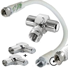 SAT T Stück + Kabel +2 iEC Winkel Adapter Verteiler Splitter F-Stecker Buchse 4K