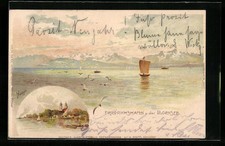 Lithographie Friedrichshafen a. B., Ortsansicht, Segelboot auf dem Bodensee 190 