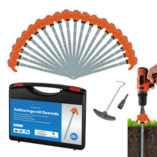 20 Schraubheringe + Transportbox Bit Stahl Heringe Erdnägel Camping Zelt Orange