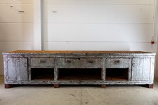 große Werkbank Theke Laden Tisch Holz antik alt Vintage Sideboard Anrichte