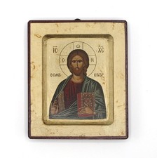 Griechisch-Orthodox Handgefertigt Holzikone Christus Pantokrator 12.5x10